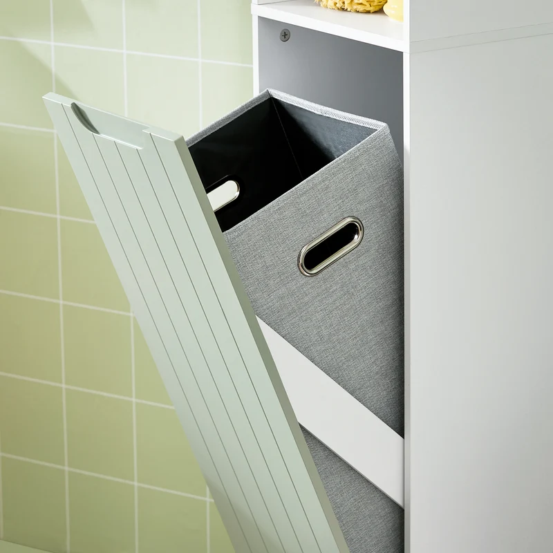 SoBuy BZR137-GR Colonne Salle de Bain Vert et Blanc 167 cm avec Sac à Linge Pliable, Porte, Étagère Réglable et Compartiment Ouvert – Pieds Métal, 30 cm de Profondeur