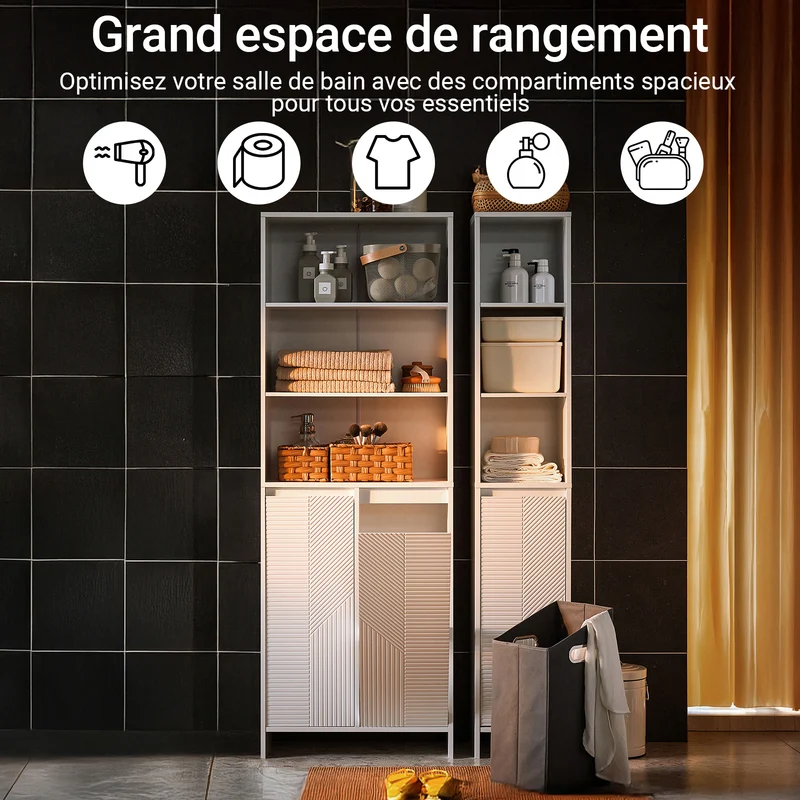SoBuy BZR155-W Meuble Colonne Salle de Bain avec Panier à Linge – Armoire Haute Étroit avec Portes et Étagères Ouvertes – Meuble Rangement WC Blanc 60x30x171cm
