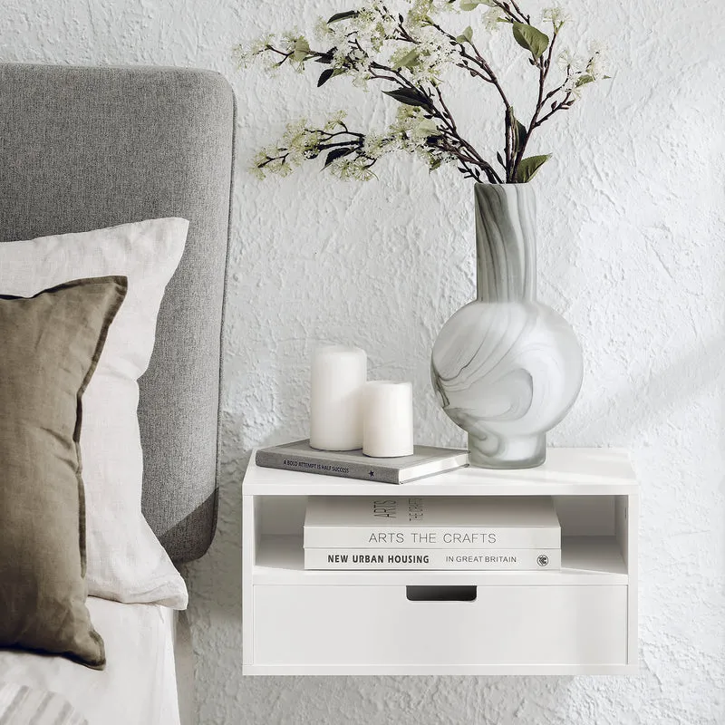 SoBuy NKD03-W Table de Chevet Murale, Table de Nuit Flottante avec Tiroir et Plateau, Étagère Murale pour Chambre à Coucher, L 45 x P 25 x H 22 cm, Blanc