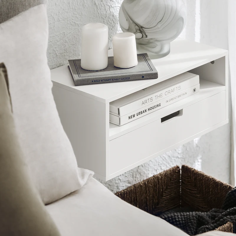 SoBuy NKD03-W Table de Chevet Murale, Table de Nuit Flottante avec Tiroir et Plateau, Étagère Murale pour Chambre à Coucher, L 45 x P 25 x H 22 cm, Blanc