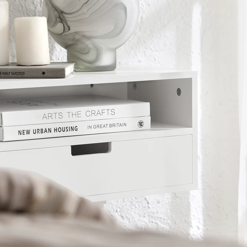 SoBuy NKD03-W Table de Chevet Murale, Table de Nuit Flottante avec Tiroir et Plateau, Étagère Murale pour Chambre à Coucher, L 45 x P 25 x H 22 cm, Blanc