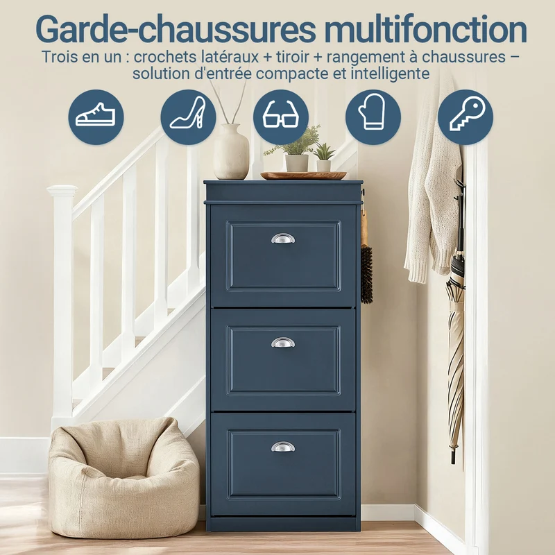 SoBuy FSR94-B – Armoire à Chaussures Slim 24 cm – 3 Abattants, Tiroir et Crochet – 12 Paires – Bleu FSC®