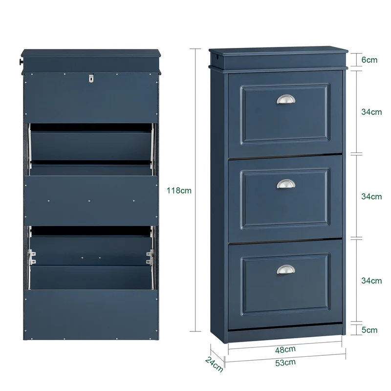 SoBuy FSR94-B – Armoire à Chaussures Slim 24 cm – 3 Abattants, Tiroir et Crochet – 12 Paires – Bleu FSC®