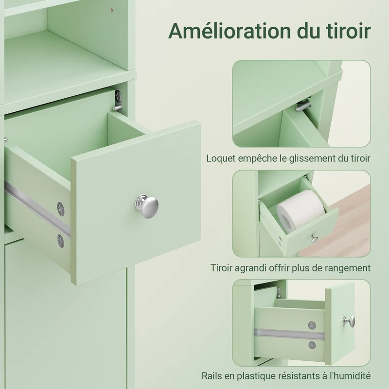 SoBuy BZR34-II-GR Colonne Salle de Bain Ultra-Étroite 20×20×180 cm – Tiroir Central, Étagères Réglables, Vert Clair