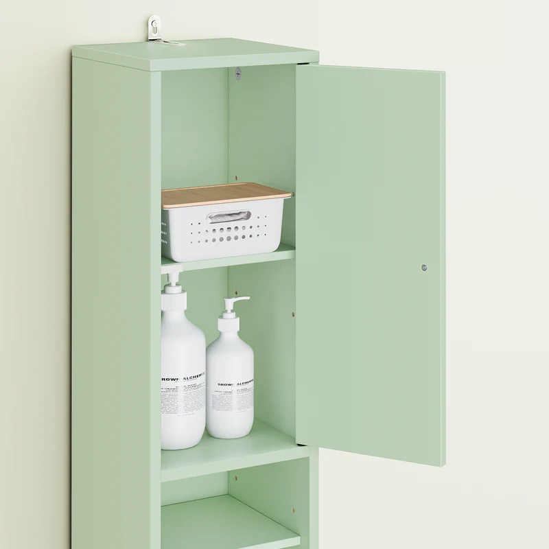 SoBuy BZR34-II-GR Colonne Salle de Bain Ultra-Étroite 20×20×180 cm – Tiroir Central, Étagères Réglables, Vert Clair