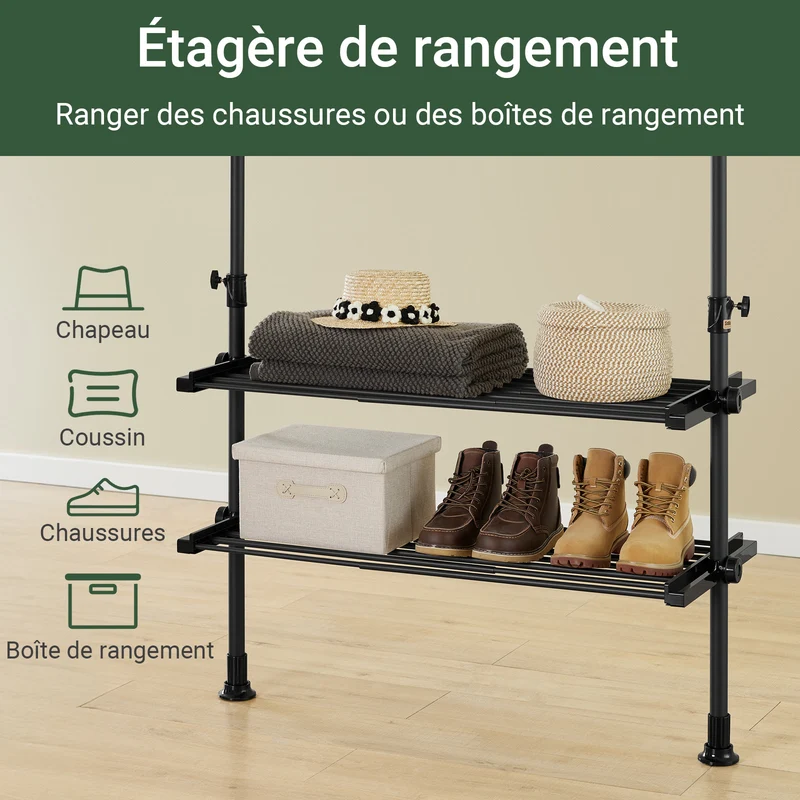 sebuyfr.comG34-II-SCH Dressing télescopique sans perçage 124–226 cm avec tringles et étagères – Penderie ouverte noire