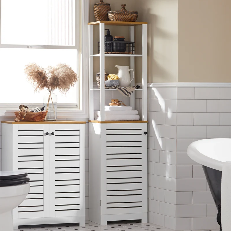 SoBuy BZR43-W Colonne Salle de Bain avec Porte à Lames, Gain de Place, pour Salle de Bain et WC, Rangement Optimisé, Compact – L40×P30×H160 cm, Bois, Blanc
