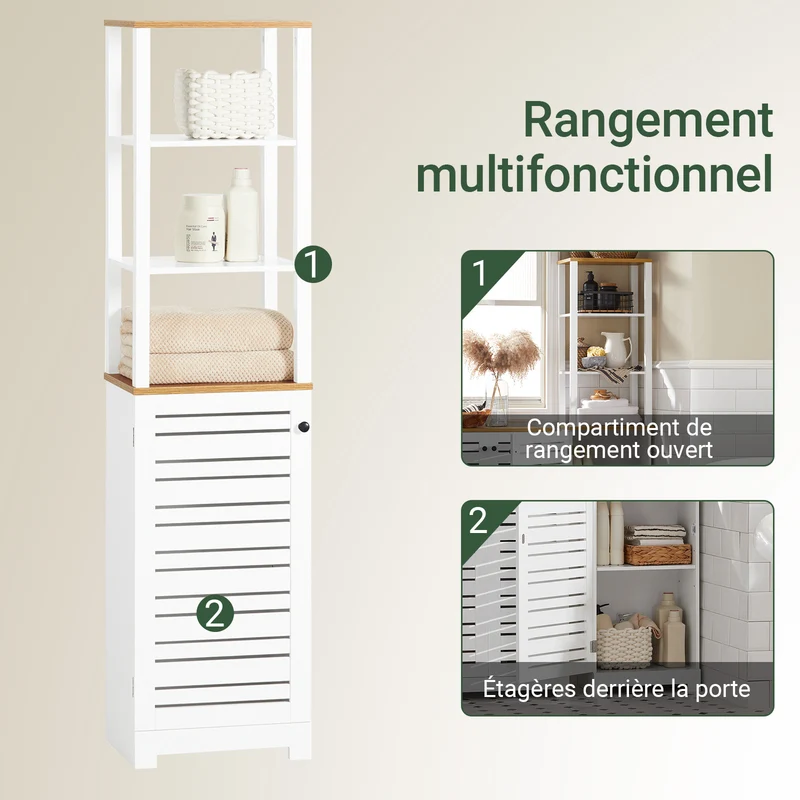 SoBuy BZR43-W Colonne Salle de Bain avec Porte à Lames, Gain de Place, pour Salle de Bain et WC, Rangement Optimisé, Compact – L40×P30×H160 cm, Bois, Blanc