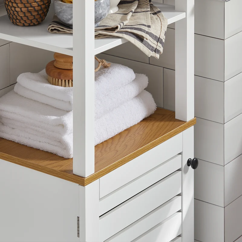 SoBuy BZR43-W Colonne Salle de Bain avec Porte à Lames, Gain de Place, pour Salle de Bain et WC, Rangement Optimisé, Compact – L40×P30×H160 cm, Bois, Blanc