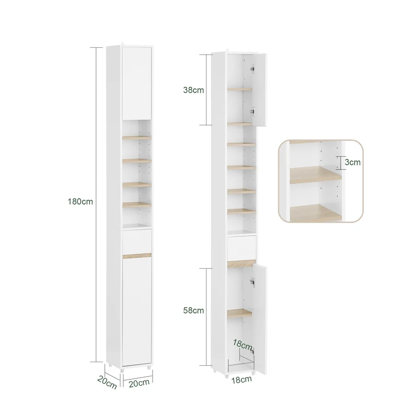 SoBuy BZR34-WN Meuble Étroit 20 cm – Colonne WC Gain de Place 180 cm, 2 Portes et 1 Tiroir, Blanc-Nature