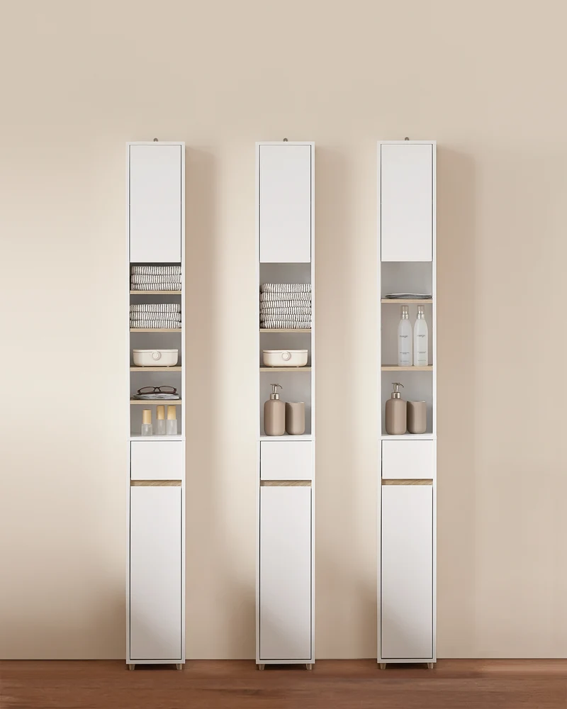 SoBuy BZR34-WN Meuble Étroit 20 cm – Colonne WC Gain de Place 180 cm, 2 Portes et 1 Tiroir, Blanc-Nature
