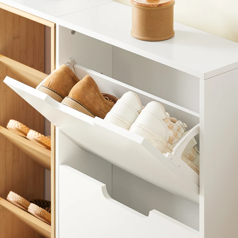 SoBuy FSR183-WN – Meuble à Chaussures Ultra-Slim 19 cm – 4 Abattants + 3 Niches – Blanc et Naturel