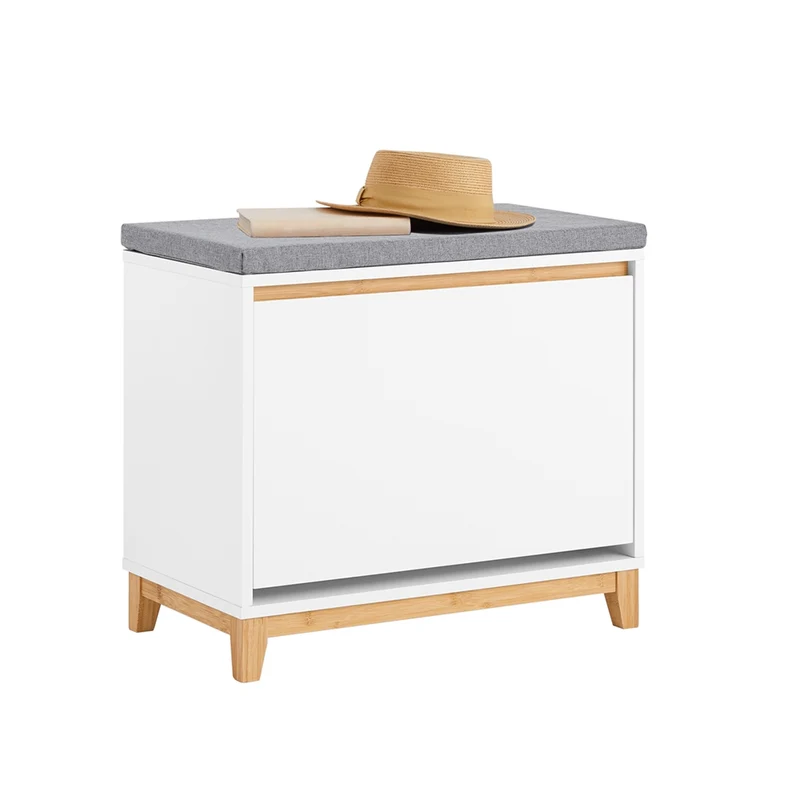SoBuy FSR191-WN Banc à Chaussures avec Coussin Rembourré et 1 Abattant – 3 Compartiments, L60×P34×H55 cm, Charge 115 kg, Blanc et Naturel