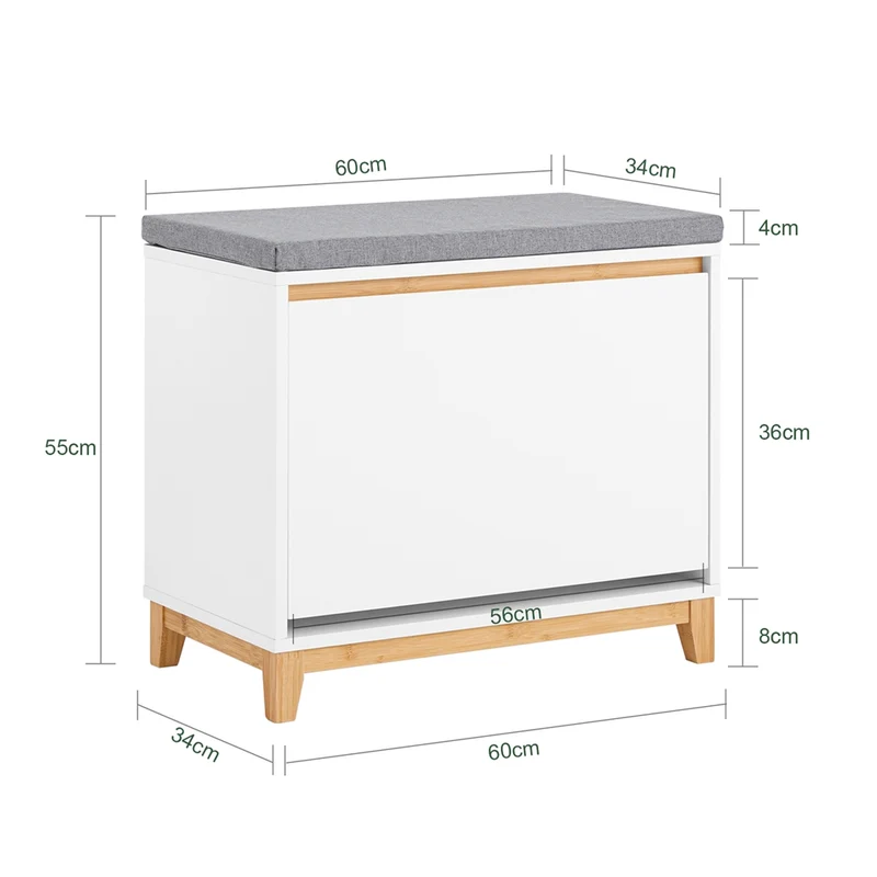 SoBuy FSR191-WN Banc à Chaussures avec Coussin Rembourré et 1 Abattant – 3 Compartiments, L60×P34×H55 cm, Charge 115 kg, Blanc et Naturel