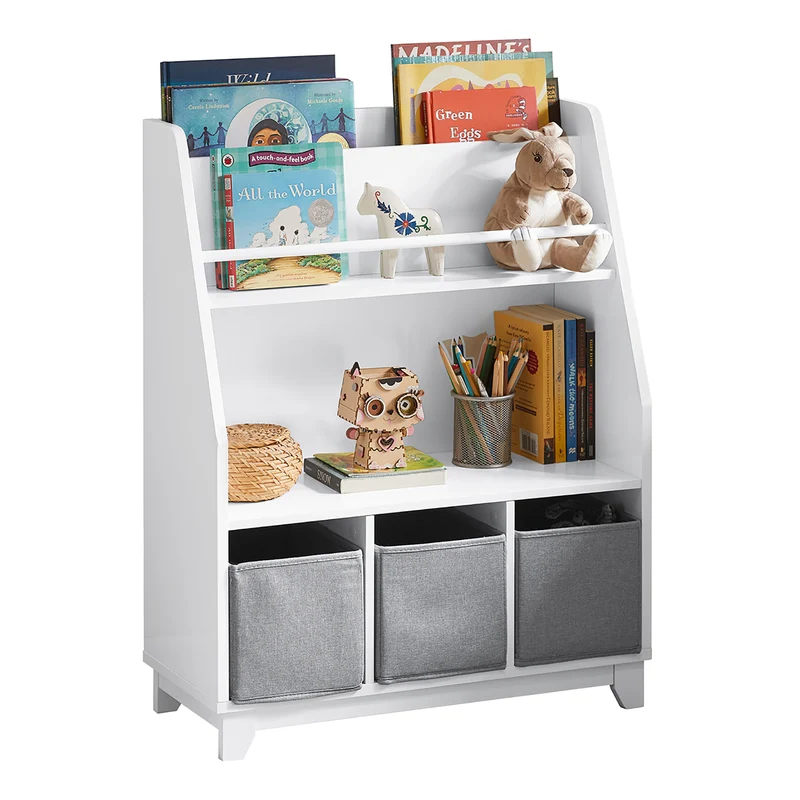 SoBuy KMB34-W Bibliothèque Étagère à Livres Étagère de Rangement Jouets pour Enfants Porte-revues avec Compartiments de Rangement et 3 Paniers 63x28x80 cm