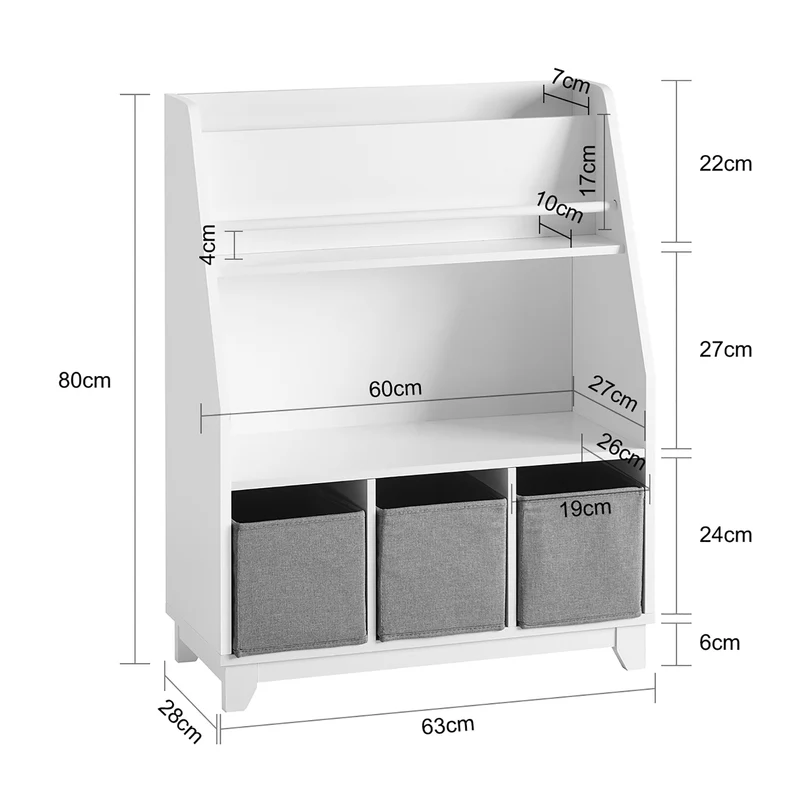 SoBuy KMB34-W Bibliothèque Étagère à Livres Étagère de Rangement Jouets pour Enfants Porte-revues avec Compartiments de Rangement et 3 Paniers 63x28x80 cm