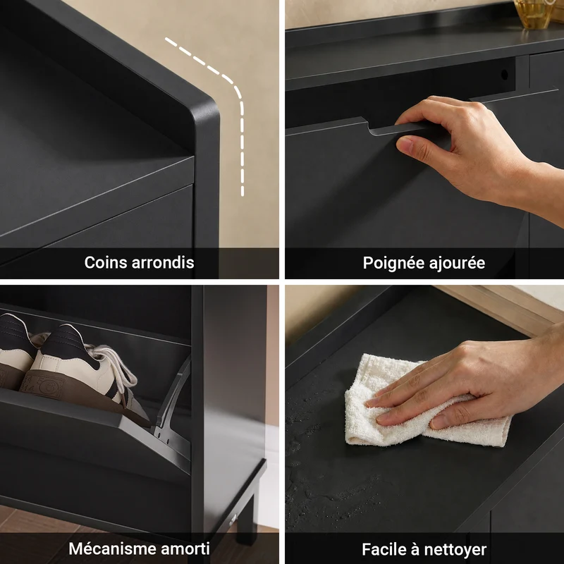 SoBuy FSR100-SCH Meuble à Chaussures 4 Abattants – 19 cm de Profondeur, Jusqu'à 12 Paires, Noir Mat