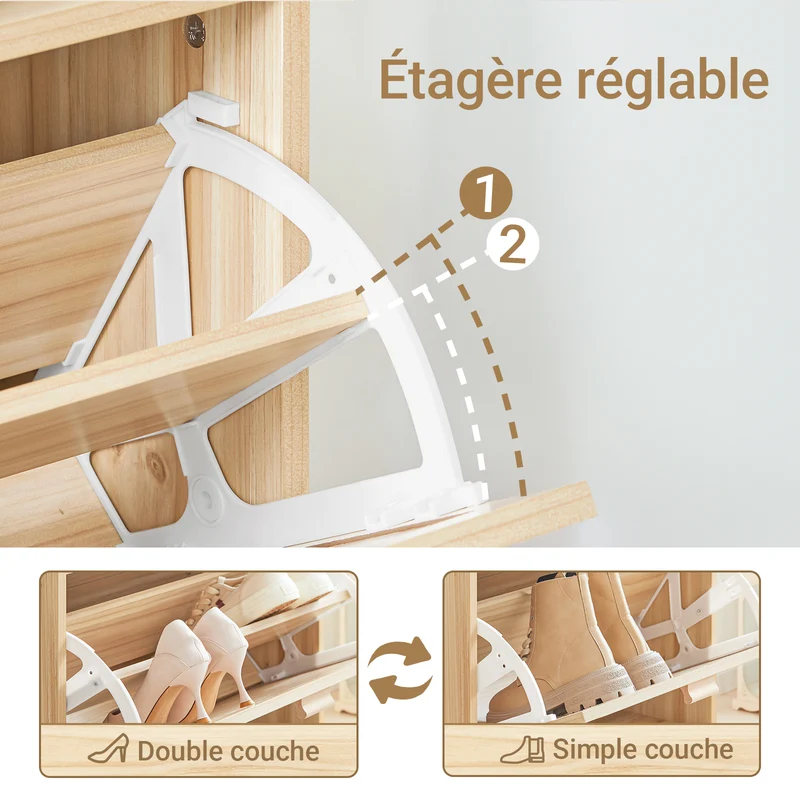 SoBuy FSR159-N Armoire à Chaussures 3 Abattants – L60 × P24 × H118 cm, Naturel