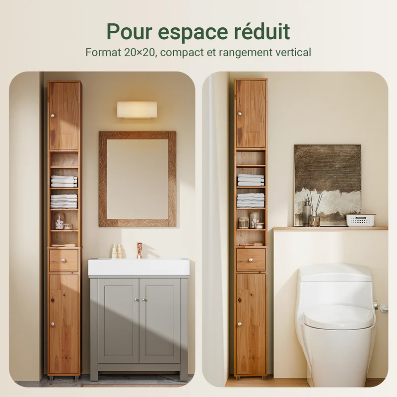 SoBuy BZR34-II-SH Colonne Salle de Bain Ultra-Étroite en Pin Massif, 4 Étagères Réglables et Tiroir, Anti-Basculement – Charge 25 kg – 20×20×180 cm, Bois