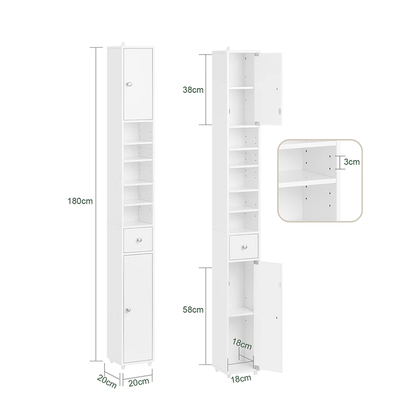 SoBuy BZR167-GW Colonne Salle de Bain avec 1 Tiroir, 2 Portes, 5 Compartiments Ouverts et Étagères Réglables, Gain de Place – L20×P20×H180 cm, Blanc Brillant