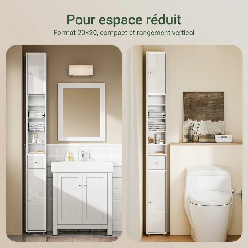 SoBuy BZR167-GW Colonne Salle de Bain avec 1 Tiroir, 2 Portes, 5 Compartiments Ouverts et Étagères Réglables, Gain de Place – L20×P20×H180 cm, Blanc Brillant