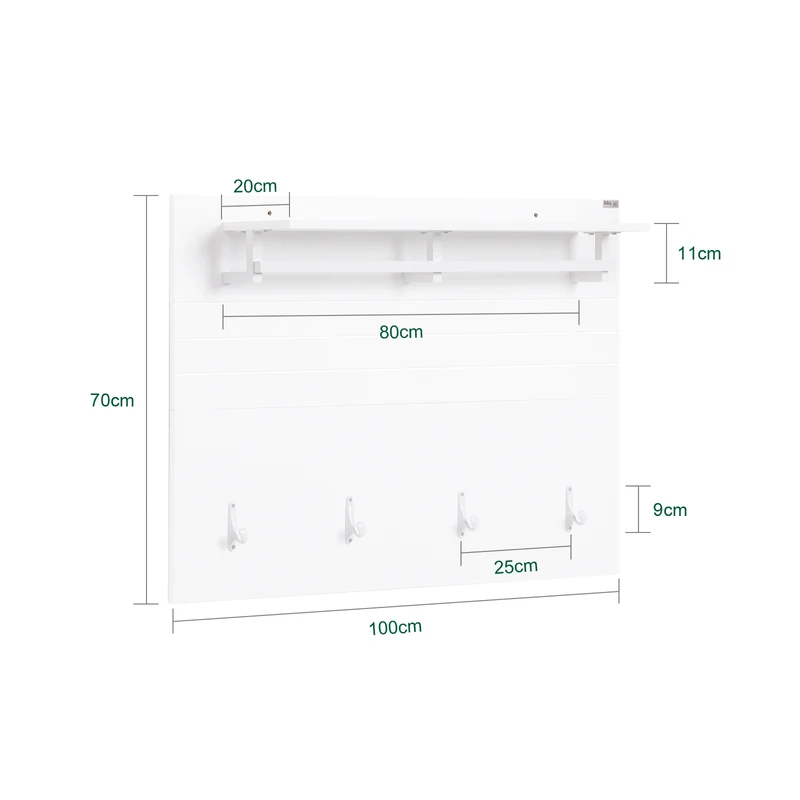 SoBuy FHK36-W Porte-Manteau Mural avec Étagère et 4 Crochets – 100×20×70 cm, Charge 21 kg, MDF E1, Blanc
