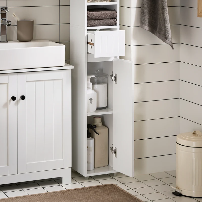 SoBuy BZR160-W Colonne Salle de Bain 20x180x20 cm, Petit Meuble Rangement WC, Meuble Salle de Bain avec Portes, Tiroir, Étagères, Armoire Haute Gain de Place