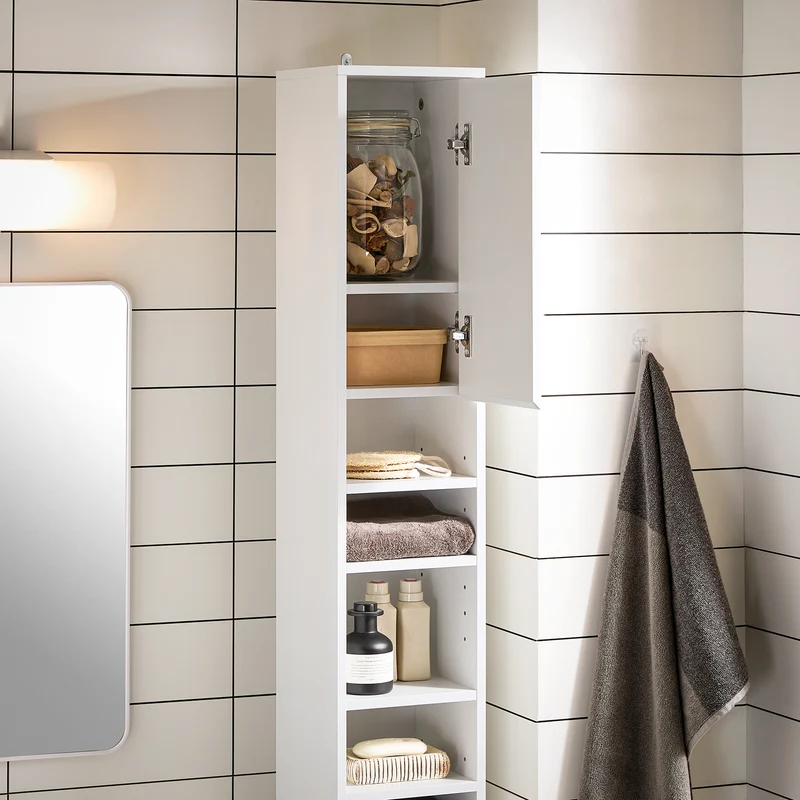 SoBuy BZR160-W Colonne Salle de Bain 20x180x20 cm, Petit Meuble Rangement WC, Meuble Salle de Bain avec Portes, Tiroir, Étagères, Armoire Haute Gain de Place