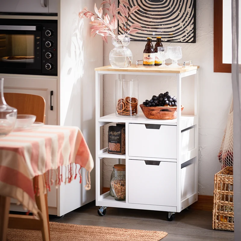 SoBuy FKW111-WN Desserte cuisine à roulettes 53 cm avec plan en bois, tiroir et étagères – Ìlot mobile gain de place blanc naturel