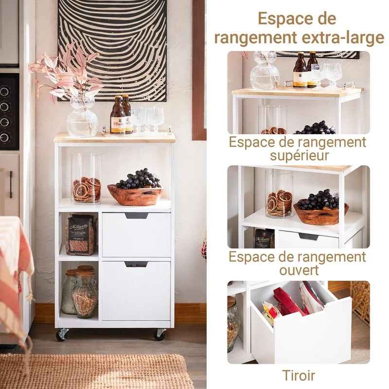 SoBuy FKW111-WN Desserte cuisine à roulettes 53 cm avec plan en bois, tiroir et étagères – Ìlot mobile gain de place blanc naturel