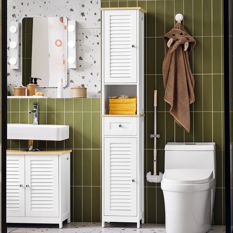 sebuyfr.comG236-WN Meuble Colonne de Salle de Bain Armoire Haute Meuble de Rangement avec étagères réglables, 1 Tiroir et 2 Portes