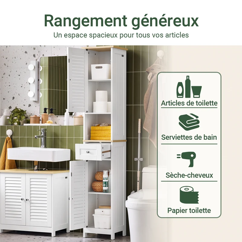 sebuyfr.comG236-WN Meuble Colonne de Salle de Bain Armoire Haute Meuble de Rangement avec étagères réglables, 1 Tiroir et 2 Portes