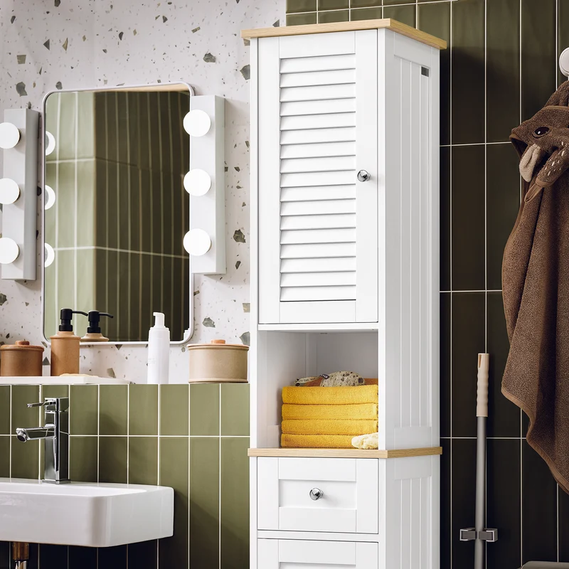 sebuyfr.comG236-WN Meuble Colonne de Salle de Bain Armoire Haute Meuble de Rangement avec étagères réglables, 1 Tiroir et 2 Portes