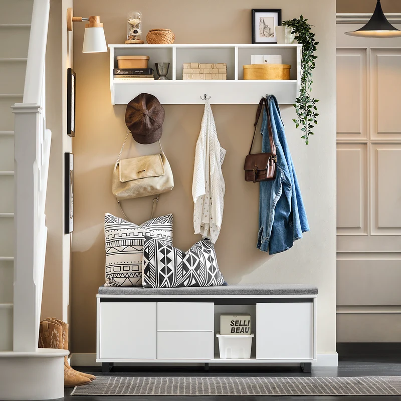 SoBuy FSR176-W Banc de Rangement, Banc à Chaussures, avec 1 Coussin Rembourré, 2 Tiroirs et 2 Portes pour Entrée