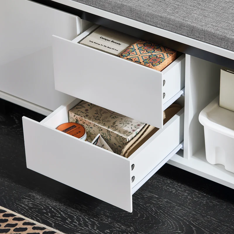 SoBuy FSR176-W Banc de Rangement, Banc à Chaussures, avec 1 Coussin Rembourré, 2 Tiroirs et 2 Portes pour Entrée