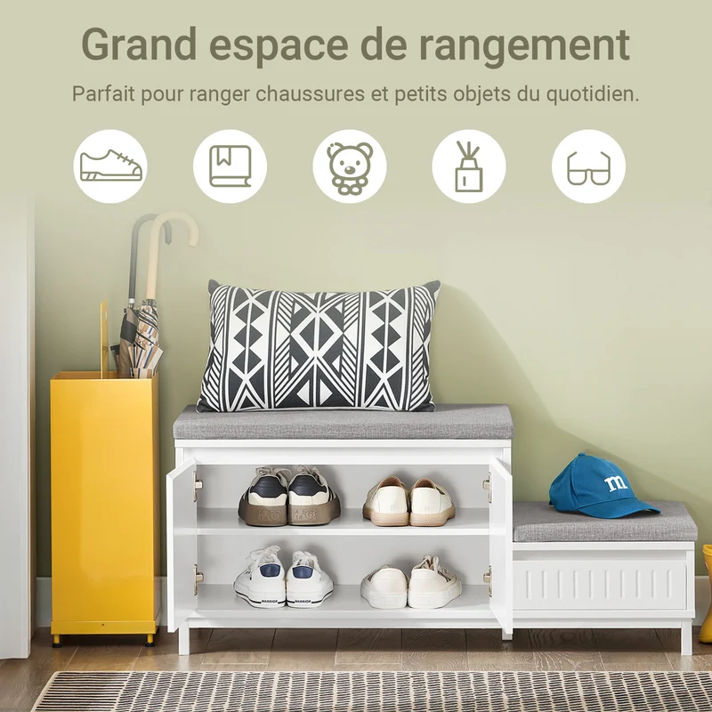 SoBuy FSR172-W Banc à Chaussures pour Enfants avec 2 Coussins Rembourrés, 2 Portes et 1 Tiroir, Charge 181 kg pour Entrée – 100x35x42 cm, Blanc