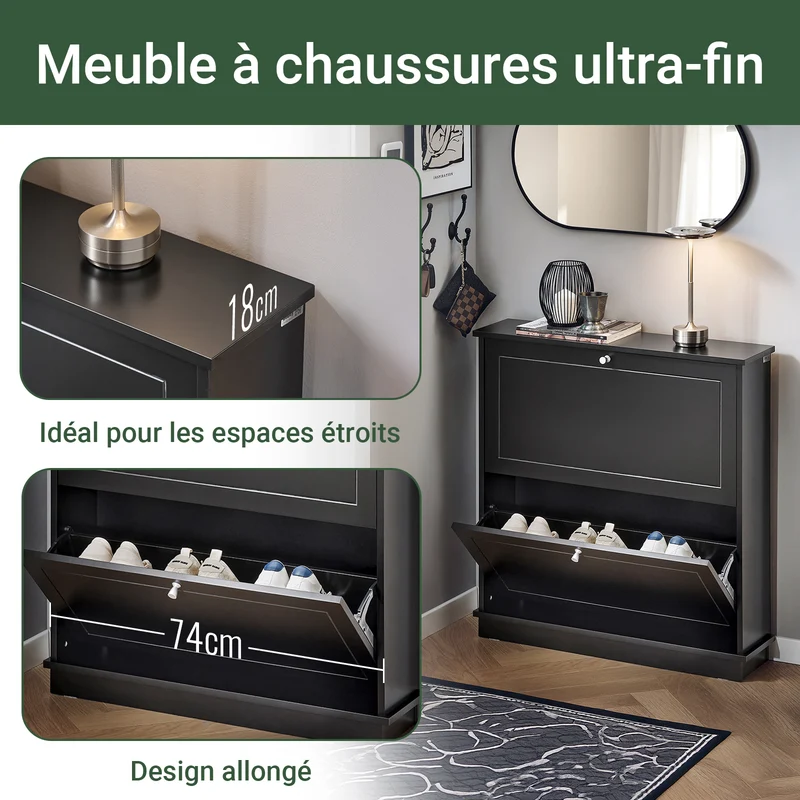 SoBuy FSR99-SCH Meuble à Chaussures Ultra-Slim 18cm, 2 Abattants, 8-10 Paires, Charge 30 kg – 76x18x78 cm, Noir