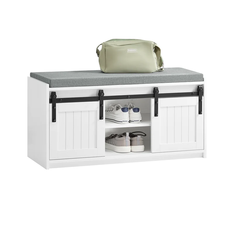 SoBuy FSR133-K-W Banc à Chaussures avec Coussin Rembourré, Porte de Grange Coulissante, 6 Compartiments Réglables, Charge 200 kg – 90x35x46 cm, Blanc