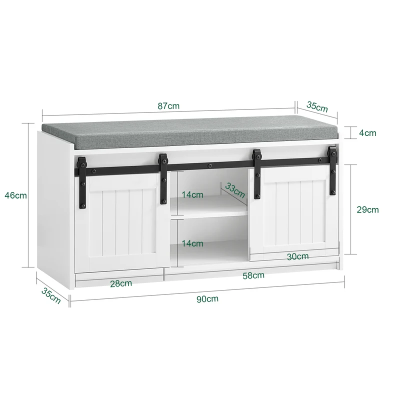 SoBuy FSR133-K-W Banc à Chaussures avec Coussin Rembourré, Porte de Grange Coulissante, 6 Compartiments Réglables, Charge 200 kg – 90x35x46 cm, Blanc