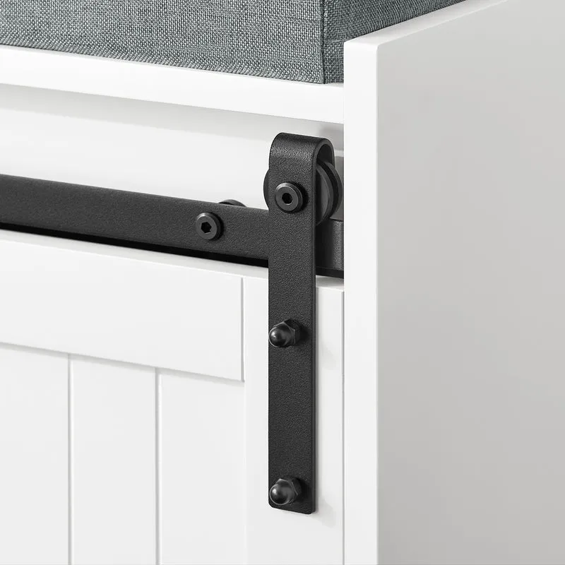 SoBuy FSR133-K-W Banc à Chaussures avec Coussin Rembourré, Porte de Grange Coulissante, 6 Compartiments Réglables, Charge 200 kg – 90x35x46 cm, Blanc