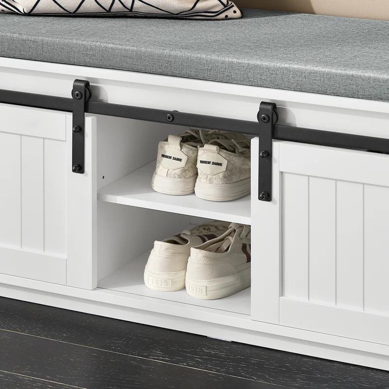 SoBuy FSR133-K-W Banc à Chaussures avec Coussin Rembourré, Porte de Grange Coulissante, 6 Compartiments Réglables, Charge 200 kg – 90x35x46 cm, Blanc