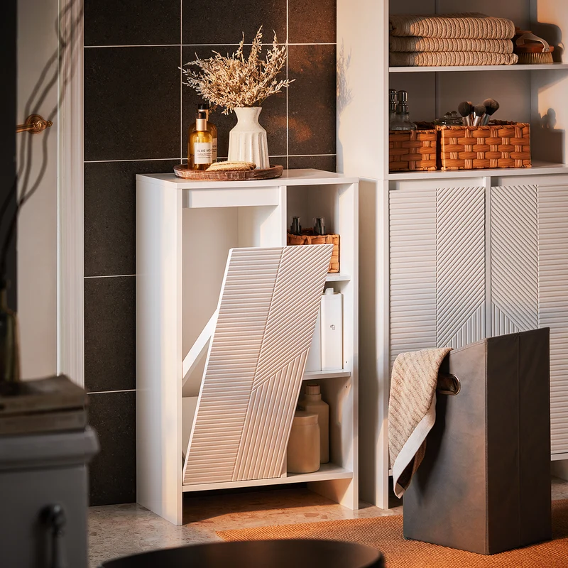 SoBuy BZR156-W Meuble Salle de Bain avec Panier à Linge – Colonne Rangement WC étroite avec Porte Abattante et Étagères Ouvertes, 86x50x30cm, Blanc
