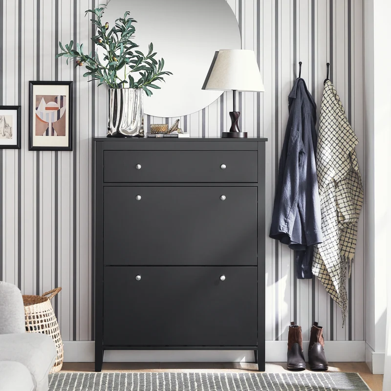 SoBuy FSR89-SCH Armoire à Chaussures 2 Abattants et Grand Tiroir, Rangement 12 Paires pour Entrée Couloir – 80x25x108 cm, Noir