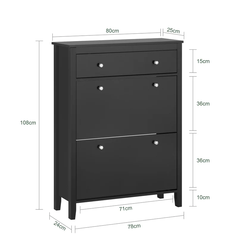 SoBuy FSR89-SCH Armoire à Chaussures 2 Abattants et Grand Tiroir, Rangement 12 Paires pour Entrée Couloir – 80x25x108 cm, Noir