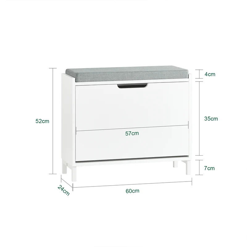 SoBuy FSR151-K-W Banc à Chaussures avec Coussin Rembourré et 1 Abattant, Slim 24cm pour Entrée – 60x24x52 cm, Blanc