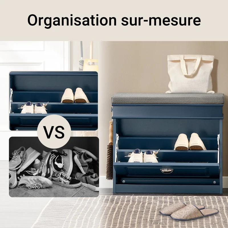 SoBuy FSR82-K-B Banc à Chaussures avec Coussin Rembourré, 1 Abattant, Tiroir et Crochet, Slim 24cm – 60x24x52 cm, Bleu