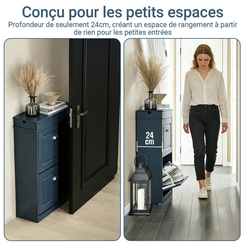 SoBuy FSR78-B Meuble à Chaussures Slim Bleu 24 cm – 2 Abattants, 8 Paires, FSC®