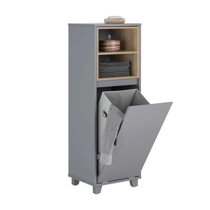 SoBuy BZR146-DG Meuble Bas de Salle de Bain, Meuble Demi-Colonne sur Pied, Placard WC Étroit avec 1 Panier à Linge