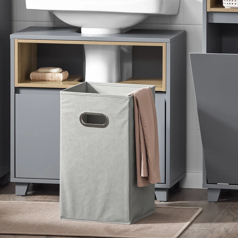 SoBuy BZR146-DG Meuble Bas de Salle de Bain, Meuble Demi-Colonne sur Pied, Placard WC Étroit avec 1 Panier à Linge