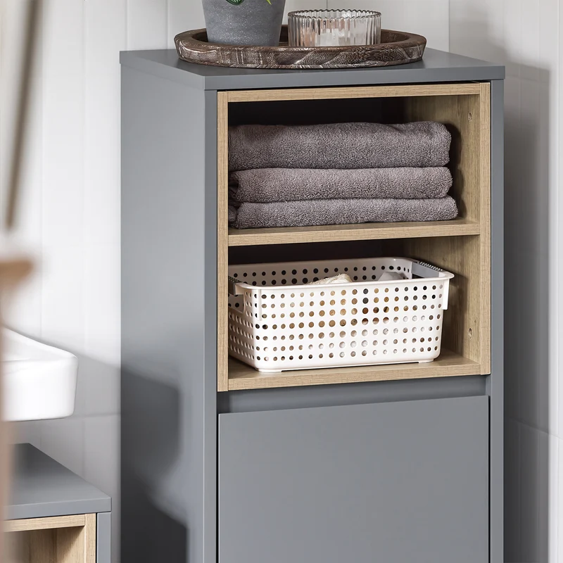 SoBuy BZR146-DG Meuble Bas de Salle de Bain, Meuble Demi-Colonne sur Pied, Placard WC Étroit avec 1 Panier à Linge